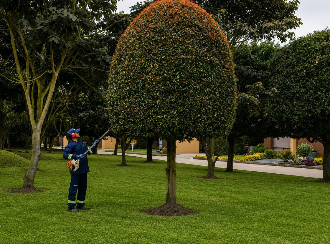 Plano general de la poda de un topiario grande: el operario con pértiga queda pequeño junto al árbol