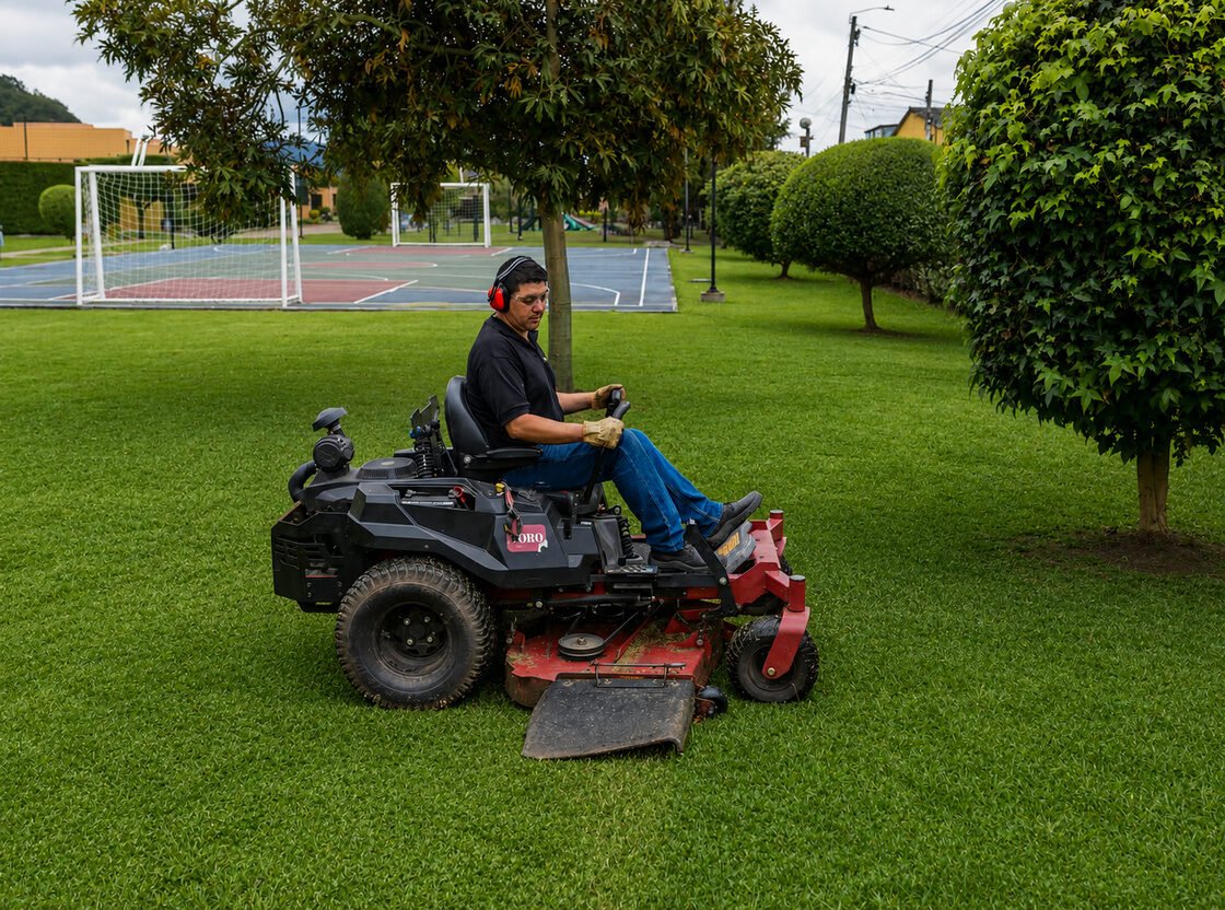 Operario de RYD cortando césped en un tractor cortacésped entre topiarios