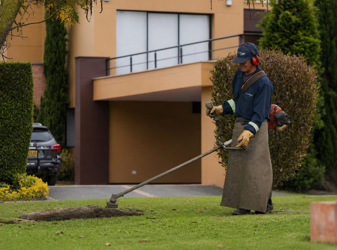 Jardinero de RYD guadañando el borde de una zona verde, con delantal y protección completa