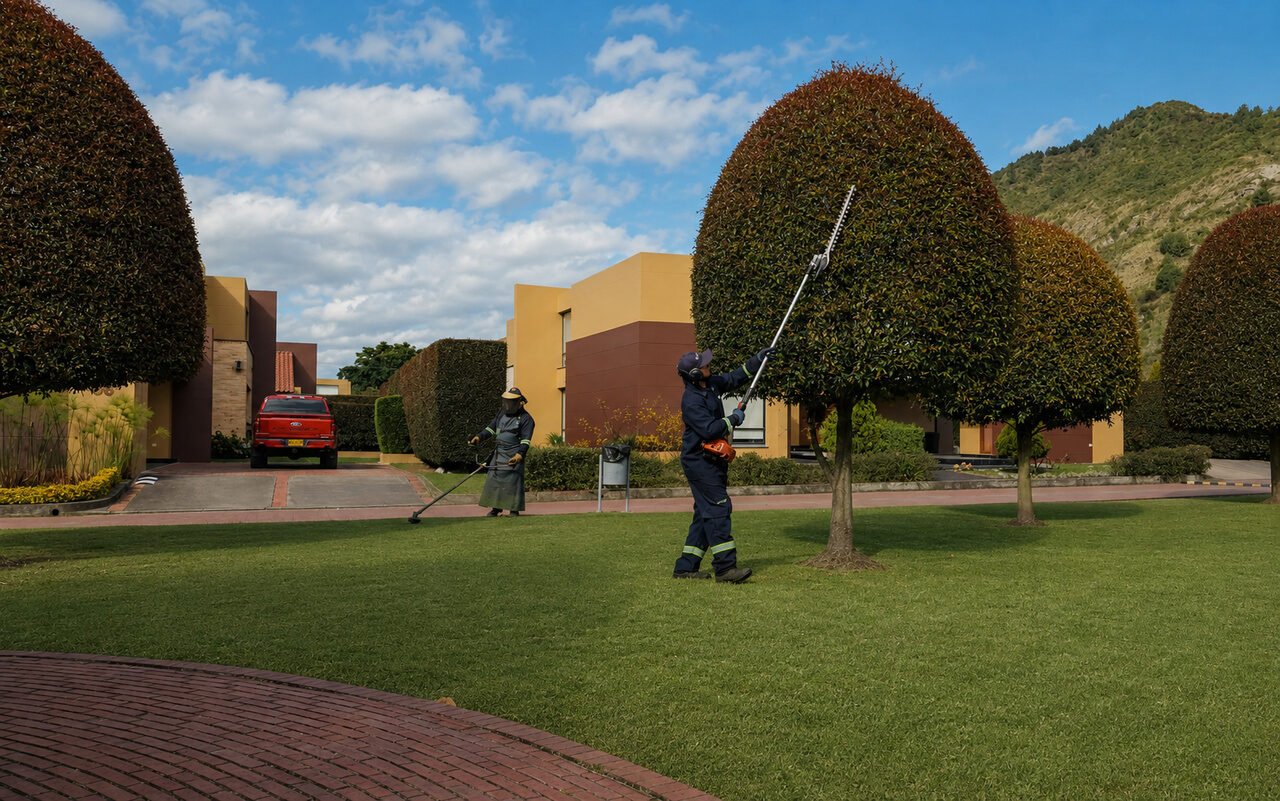 Dos jardineros de RYD podando topiarios de photinia en la zona verde de un conjunto de Chía, con los cerros de la Sabana al fondo