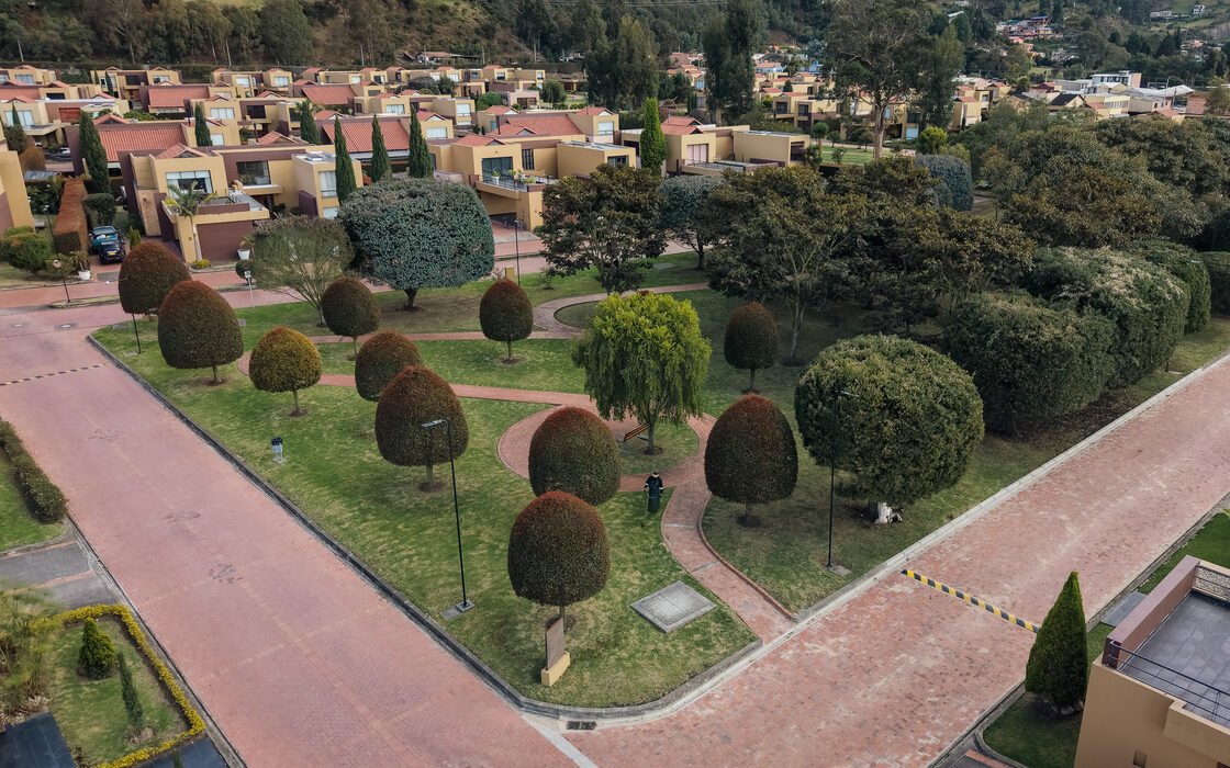 Vista aérea de la zona común de un conjunto con topiarios podados y andenes en ladrillo