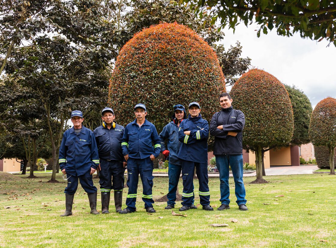 Equipo de RYD uniformado frente a topiarios de photinia en un conjunto residencial
