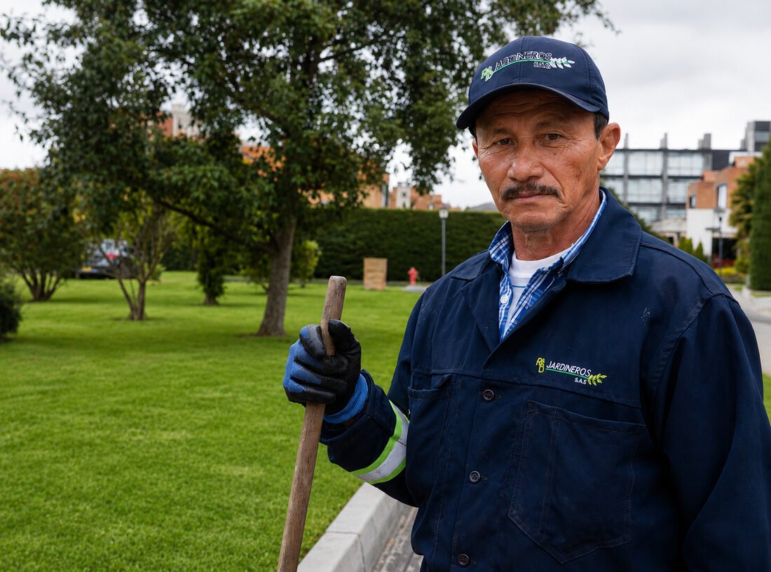 Retrato de un jardinero de RYD sosteniendo un rastrillo, en una zona verde