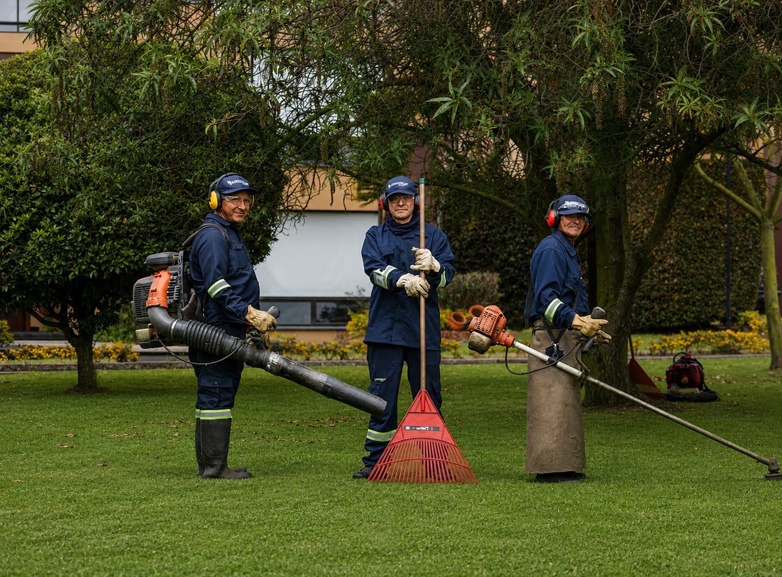 Tres jardineros de RYD con sopladora, rastrillo y guadaña, listos para una jornada de mantenimiento